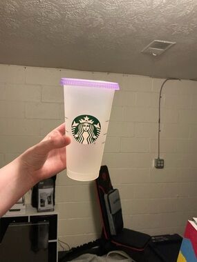 Starbucks Frosted Cup with Lavender Purple Lid and Green Logo